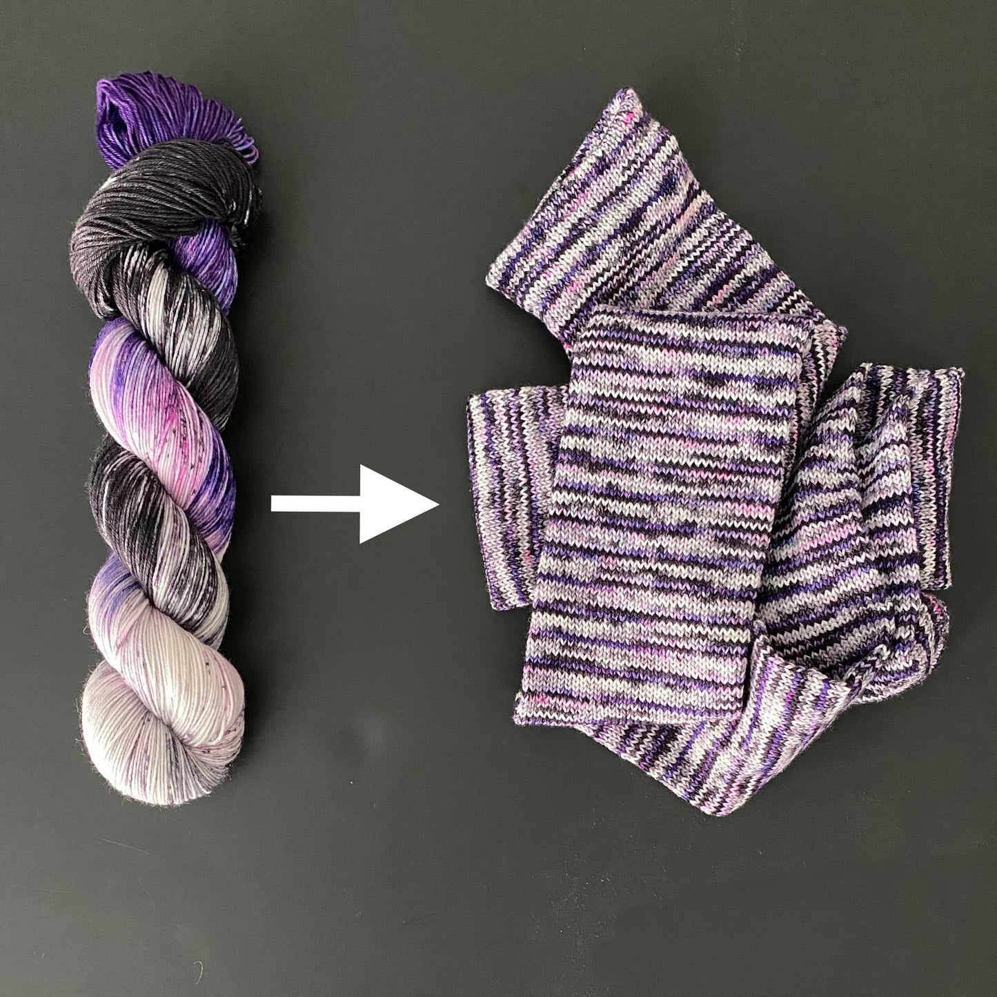 twisted skein of yarn with arrow to show transformation to a knit "sock tube"