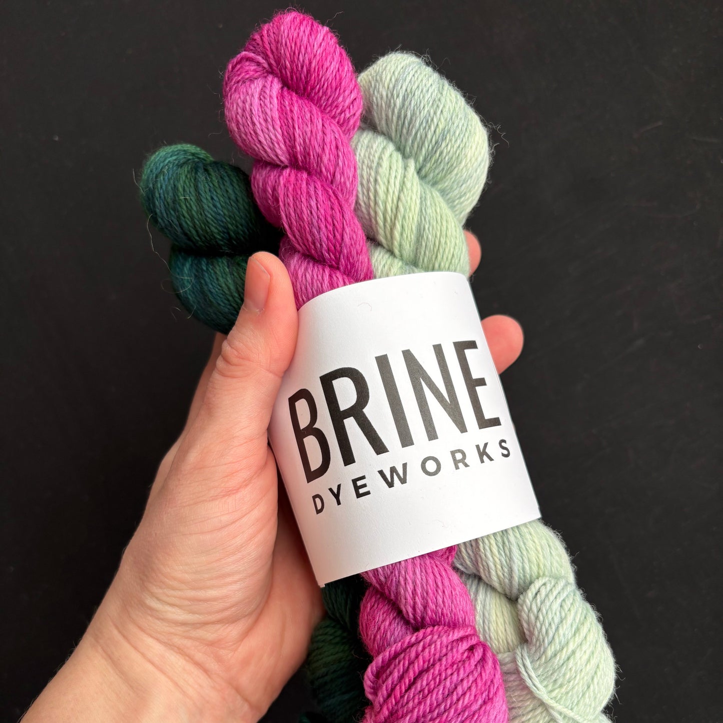 A hand holding a bundle of yarn skeins in various colors including pink, green, and purple, with the brand label 'BRINE Dyeworks' wrapped around the bundle.