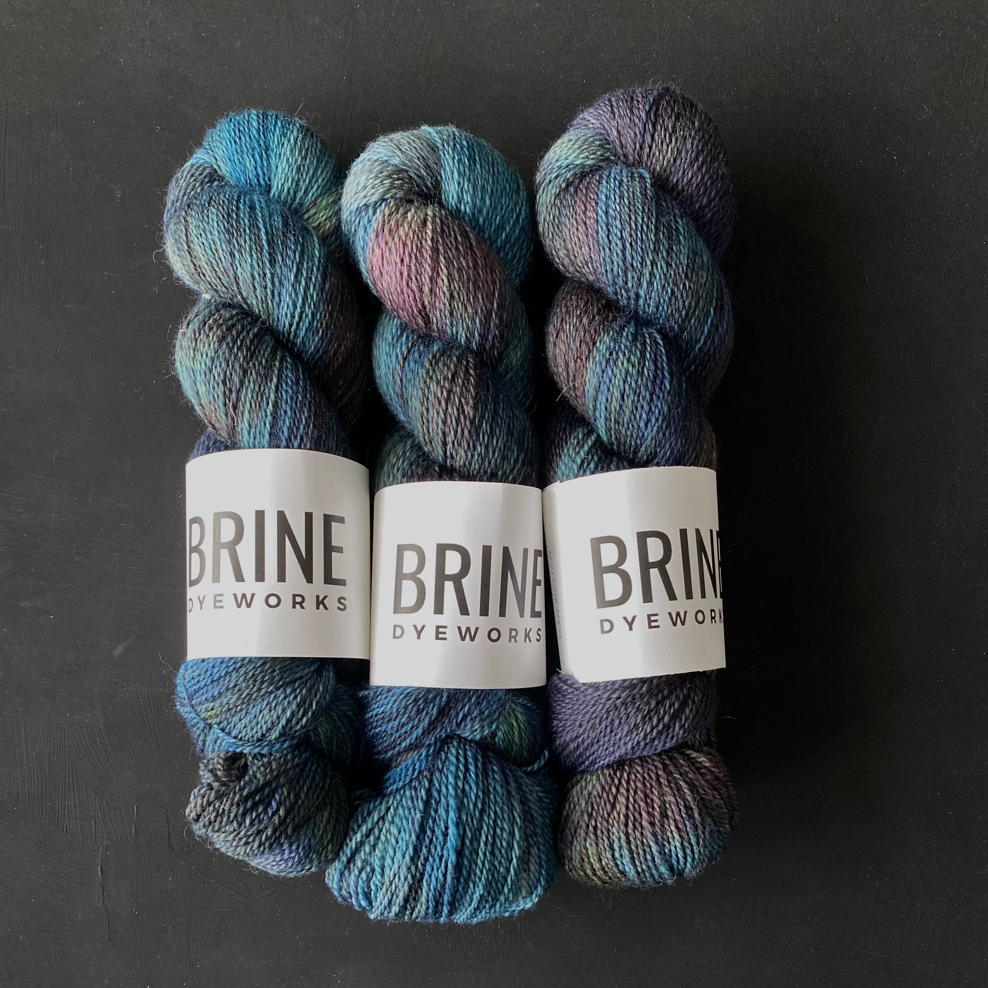 Three skeins of multicoloured yarn with Brine Dyeworks labels, on a dark background