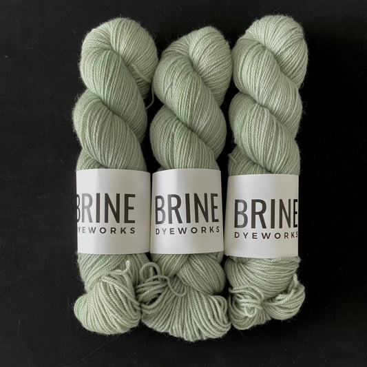 Three skeins of Brine Dyeworks yarn in a matching pale green color, arranged side by side