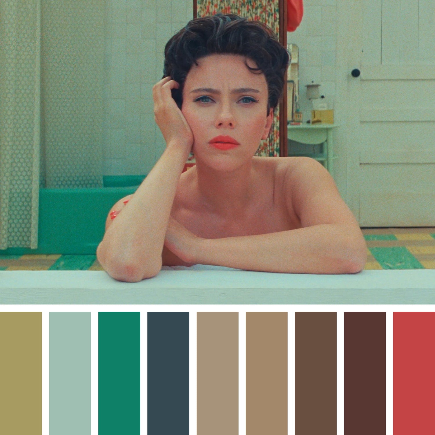 Woman sitting on a bathtub with a color palette of green, brown, and red displayed below.
