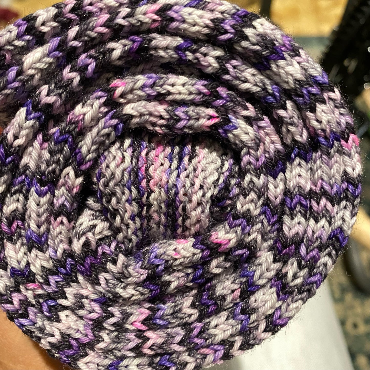 knit sock tube, coiled up