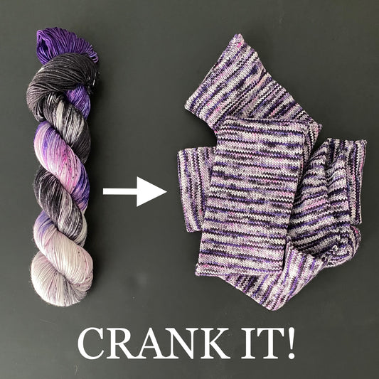 twisted skein of yarn with an arrow pointing to a "sock tube", text says "CRANK IT"